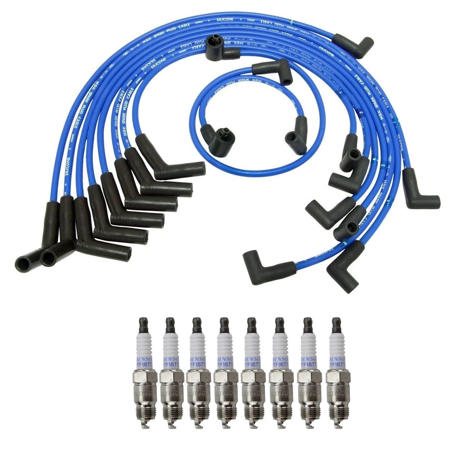 NGK 8mm Wire Set & Denso Platinum Spark Plug Kit for Ford Bronco F-250 (1980–1996)