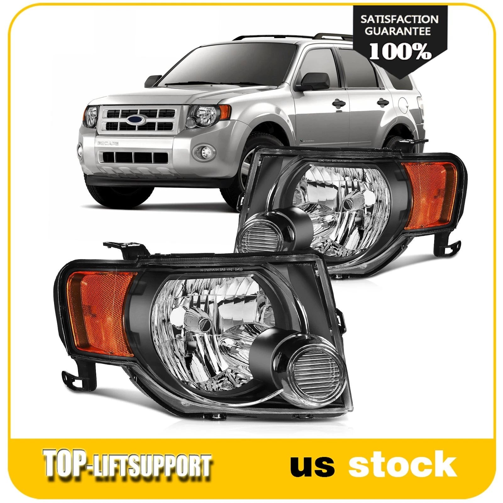 Set of 2 Black Headlight Assemblies for Ford Escape (2008–2012)