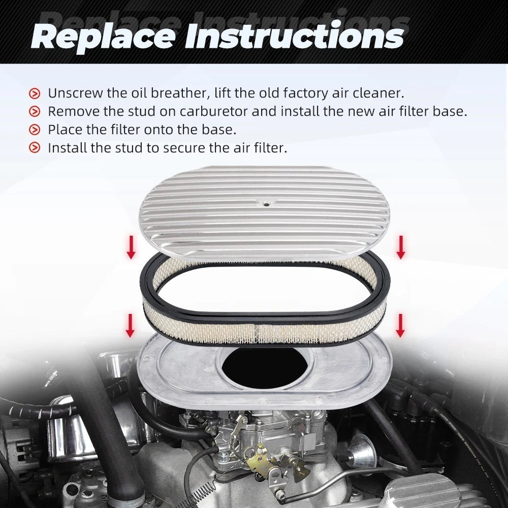 15" Oval Full Finned Air Cleaner for SBC BBC Chevy Ford (5-1/8 Carb Neck)