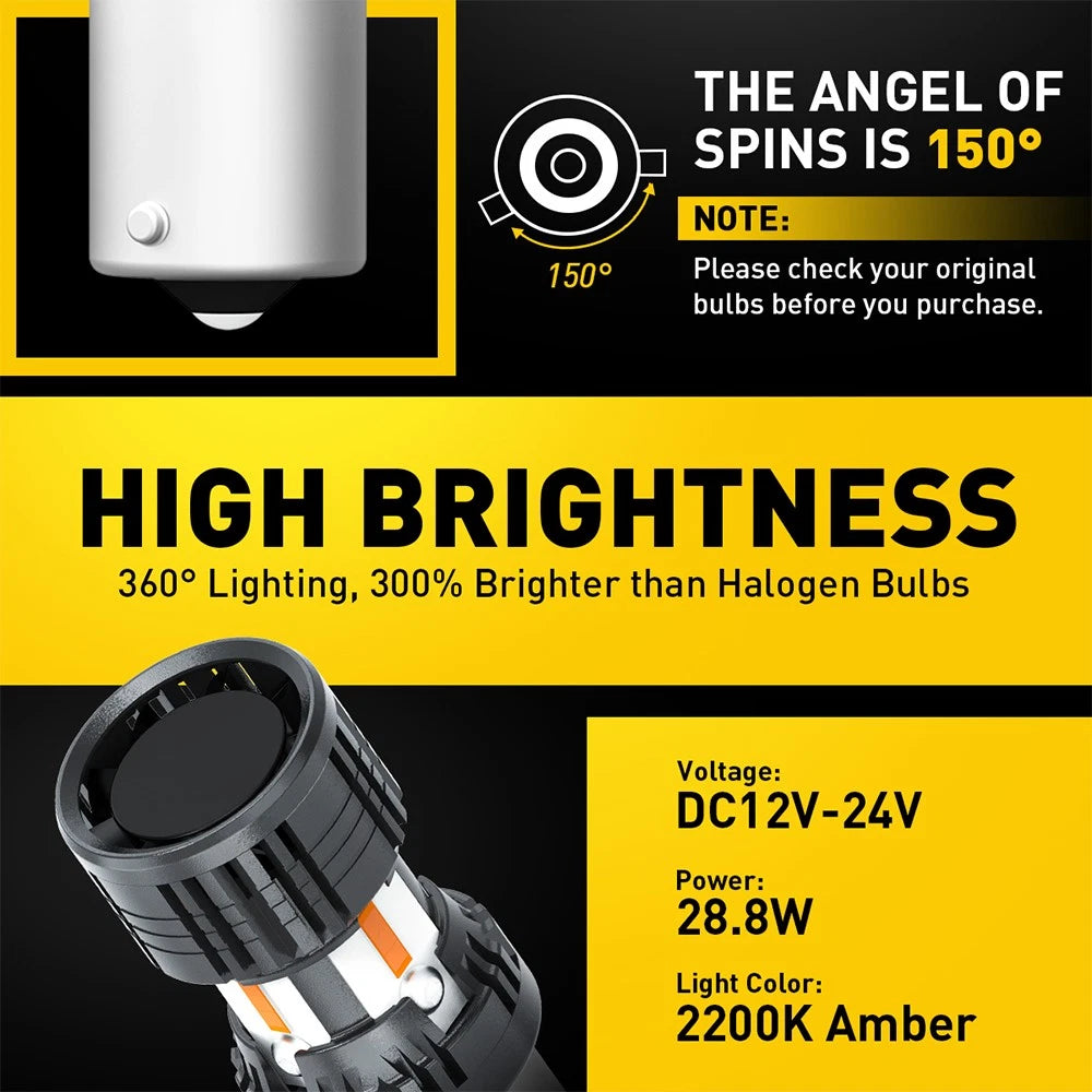2X Amber LED Turn Signal Lights for BAU15S 7507 PY21W 1156PY