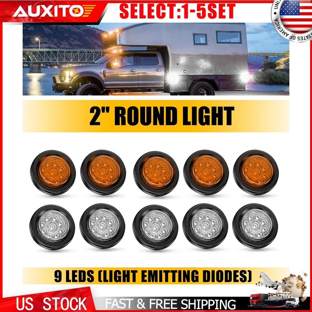 2" White Amber Round LED Marker Lights w/ Grommet for Truck RV (10-50X)