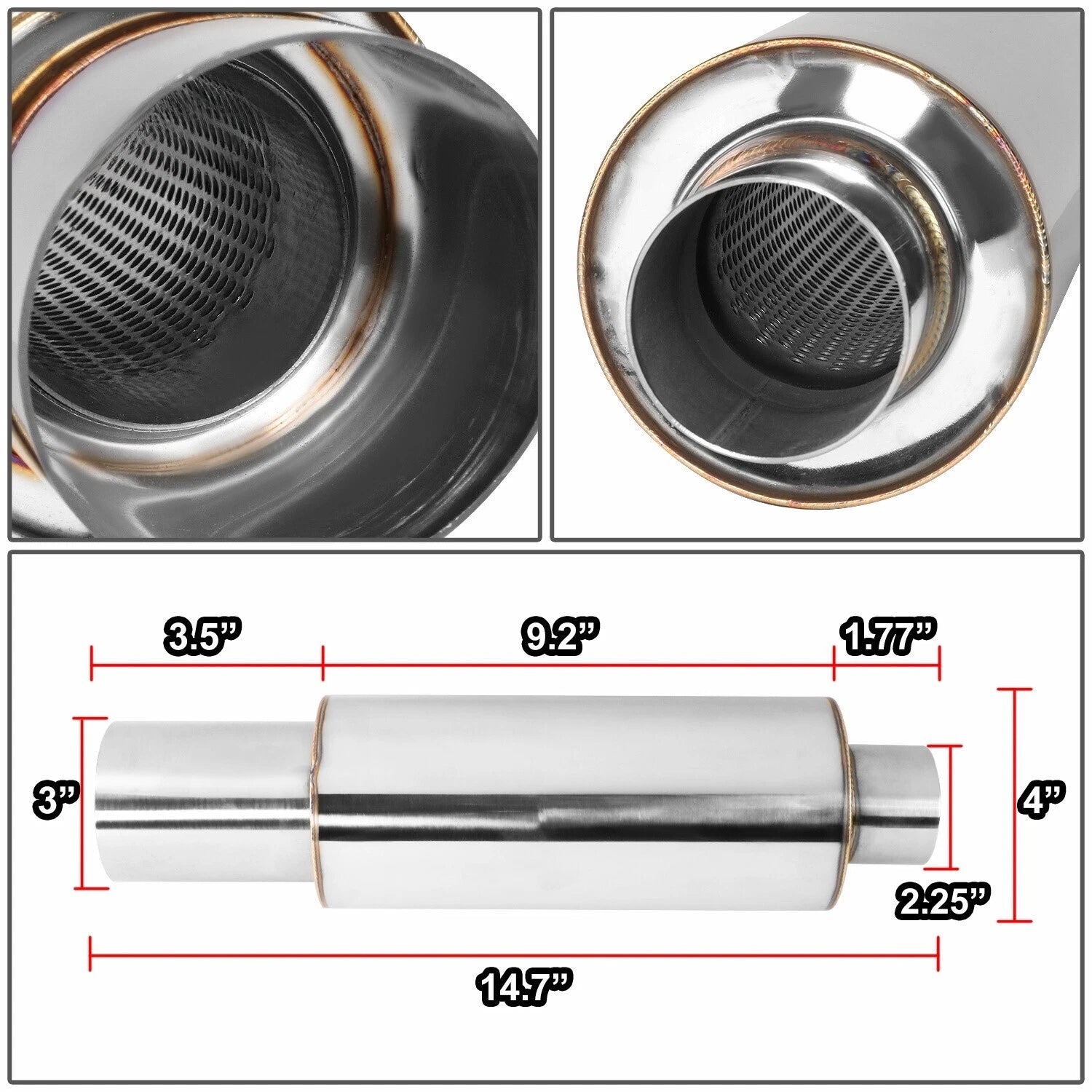 Straight-Through Exhaust Muffler 2.25" Inlet 3" Tip for Universal Fit (14.7")
