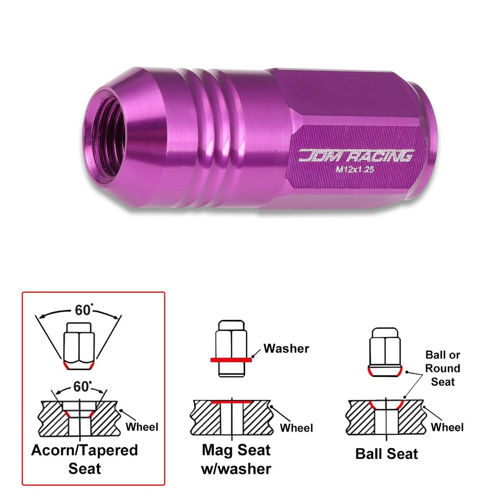 Set of 20 M12X1.25 Purple Closed End Cone Hex Wheel Lug Nuts + Extensions 20mm