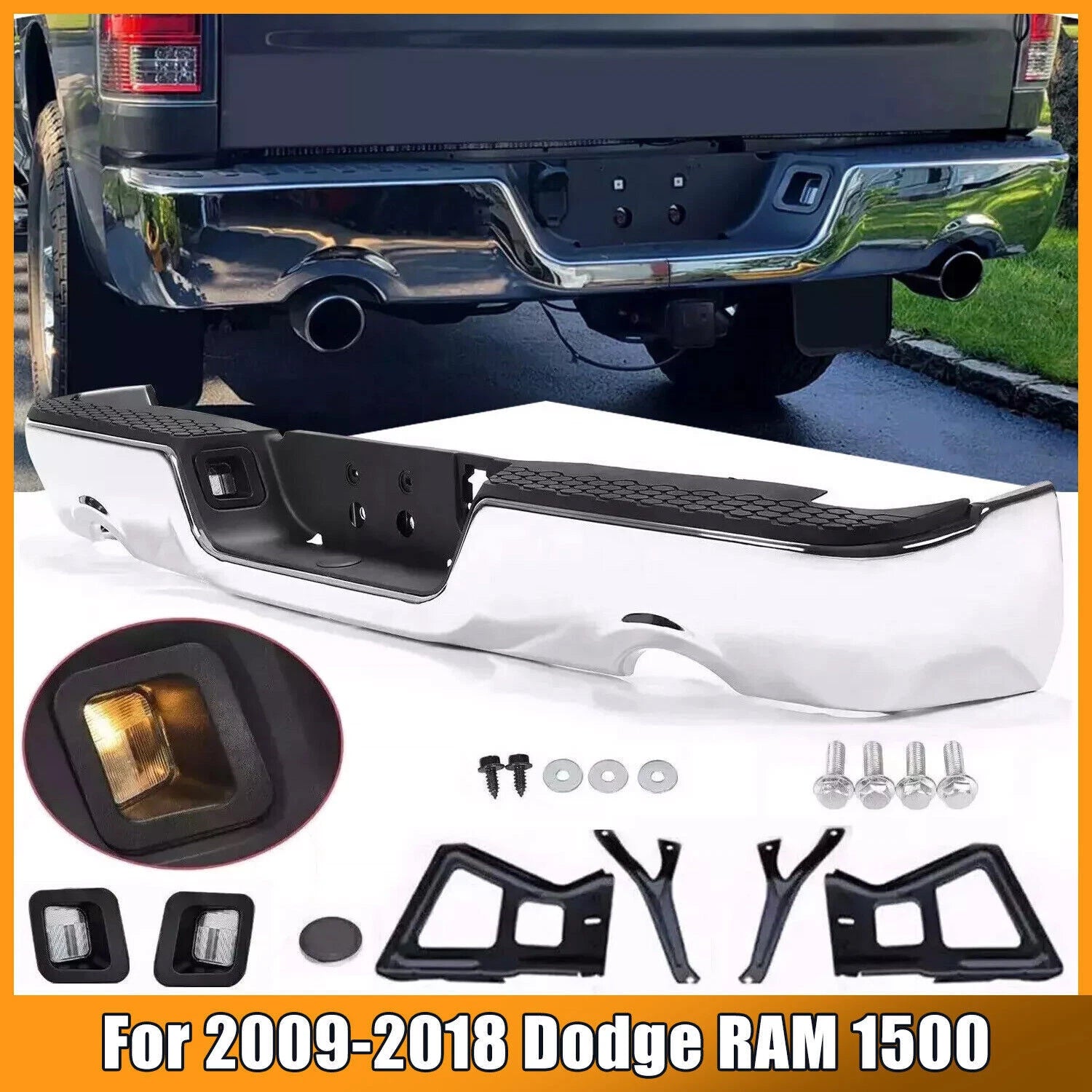 Chrome Rear Bumper for Dodge RAM 1500 (2009–2018) w/ Dual Exhaust