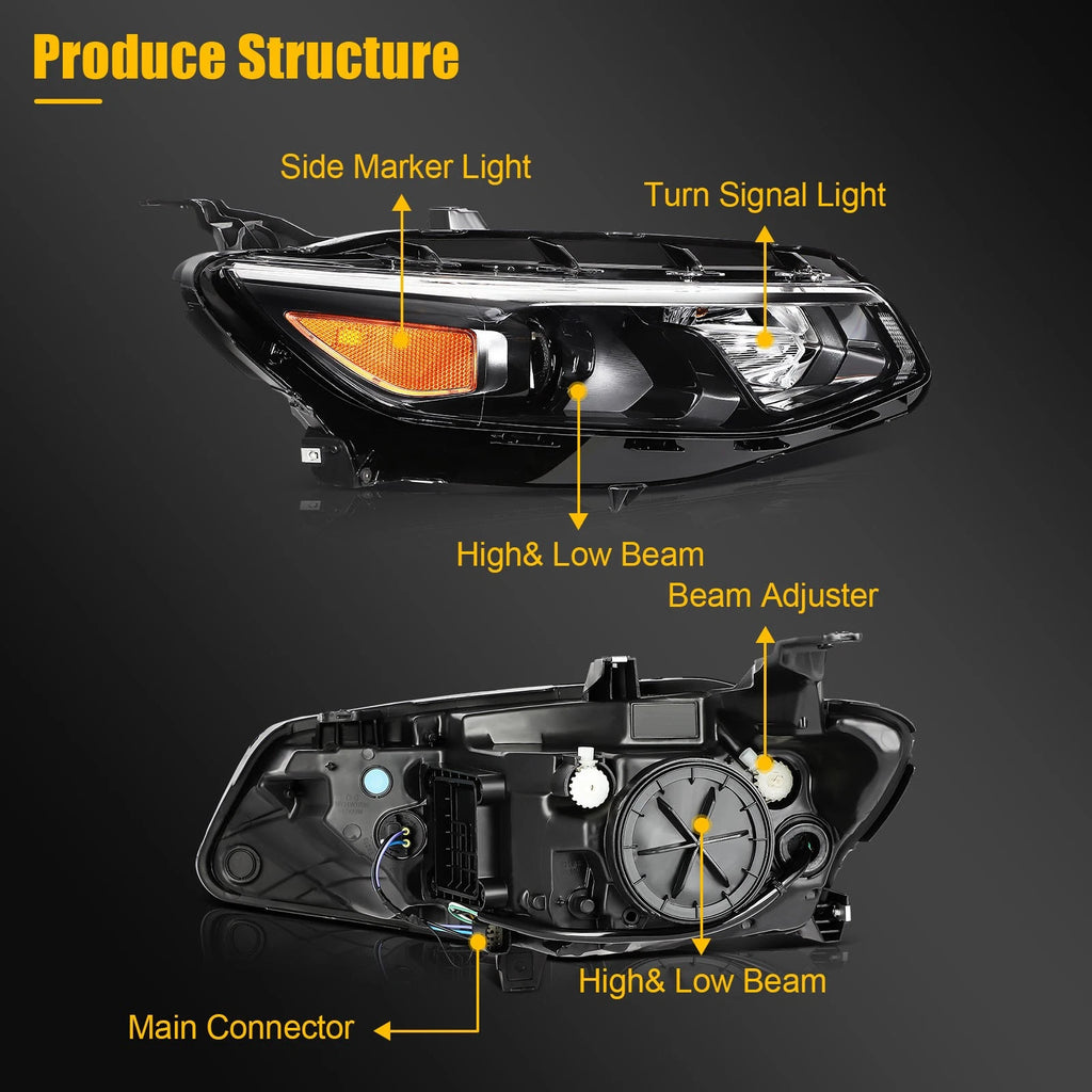 Headlights with Bulbs for Chevy Malibu (2016–2018) Black Housing Amber Pair