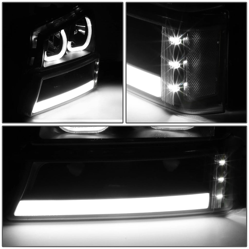 Pair of J-Halo LED DRL Black/Clear Headlights for Chevy Silverado (2003–2007)