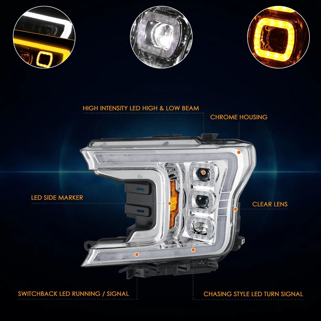 LED DRL Sequential Turn Signal Projector Headlights for Ford F-150 (2018–2020)