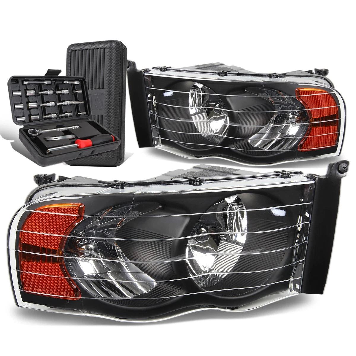 Pair of Black/Amber Signal Headlight Lamps for Dodge Ram Pickup (2002–2005)