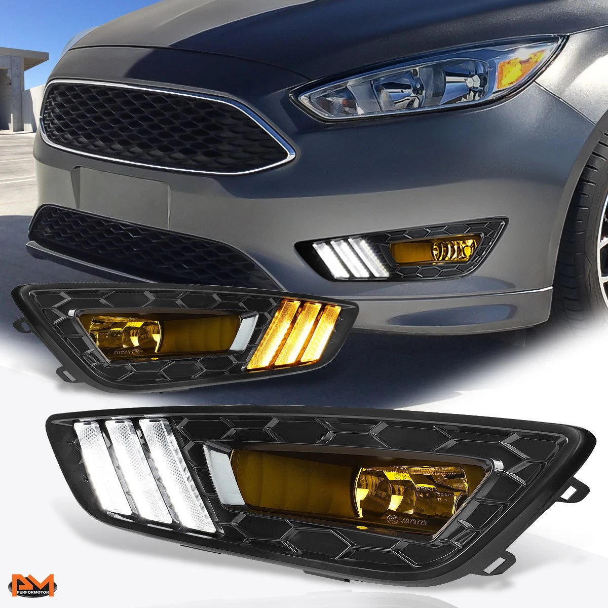 Set of 2 Amber Lens Fog Lights + Black LED DRL Bezels for Ford Focus (2015–2017)
