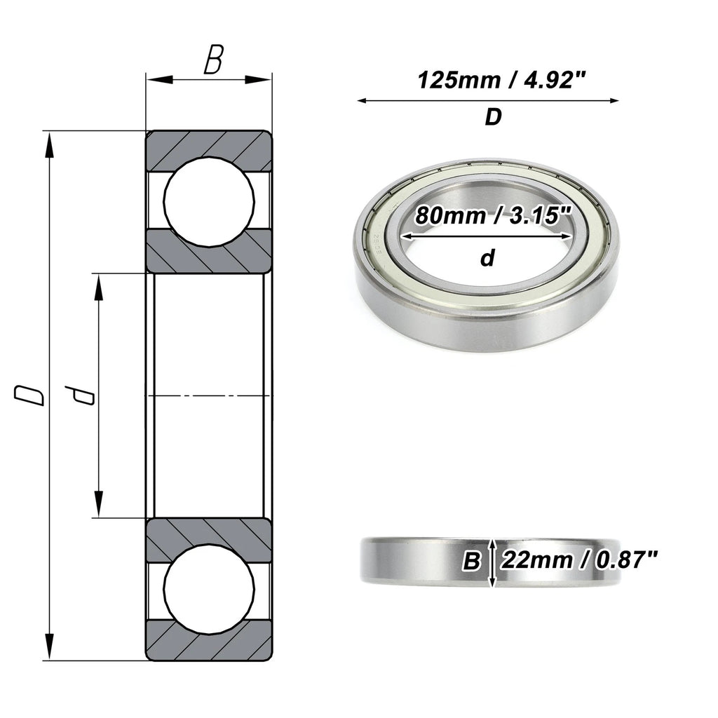 6016ZZ Deep Groove Ball Bearing for Scooter Skateboard Wheel (80x125x22mm)