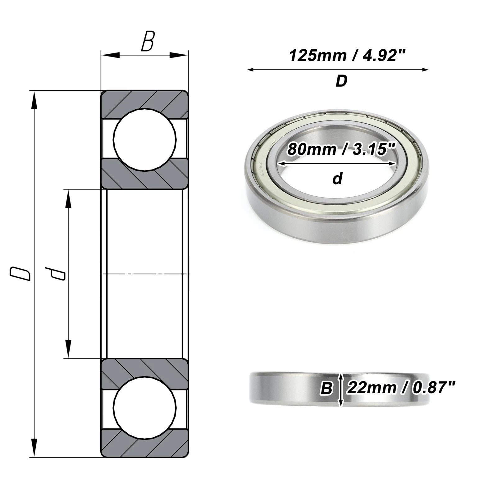 6016ZZ Deep Groove Ball Bearing for Scooter Skateboard Wheel (80x125x22mm)