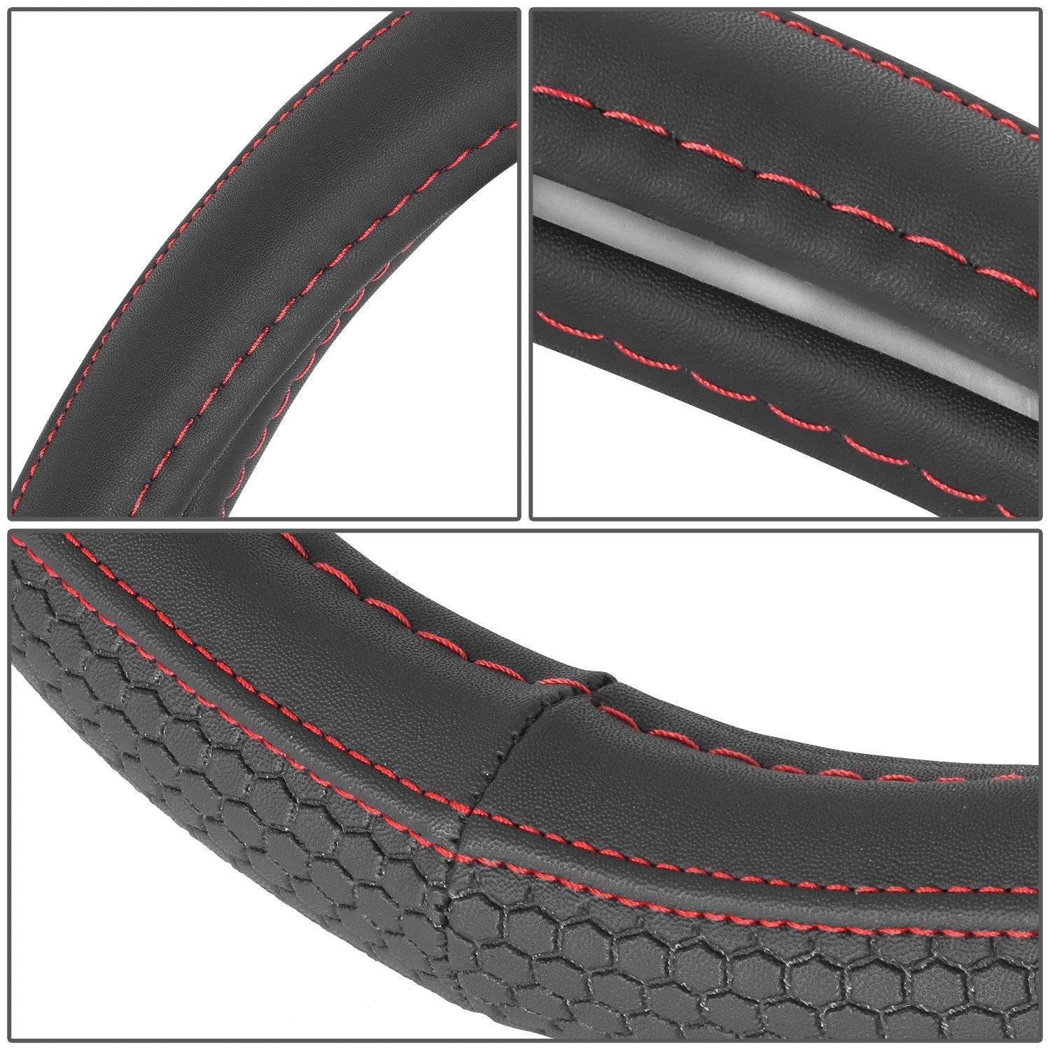 Steering Wheel Cover Full Surround Insert for - Black Hexagon, Red Stitching