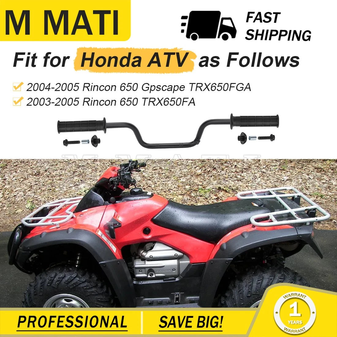 Heavy Duty Handlebar & Grips w/Bar End for Honda Rincon 650 TRX650FA/FGA (2003–2005)