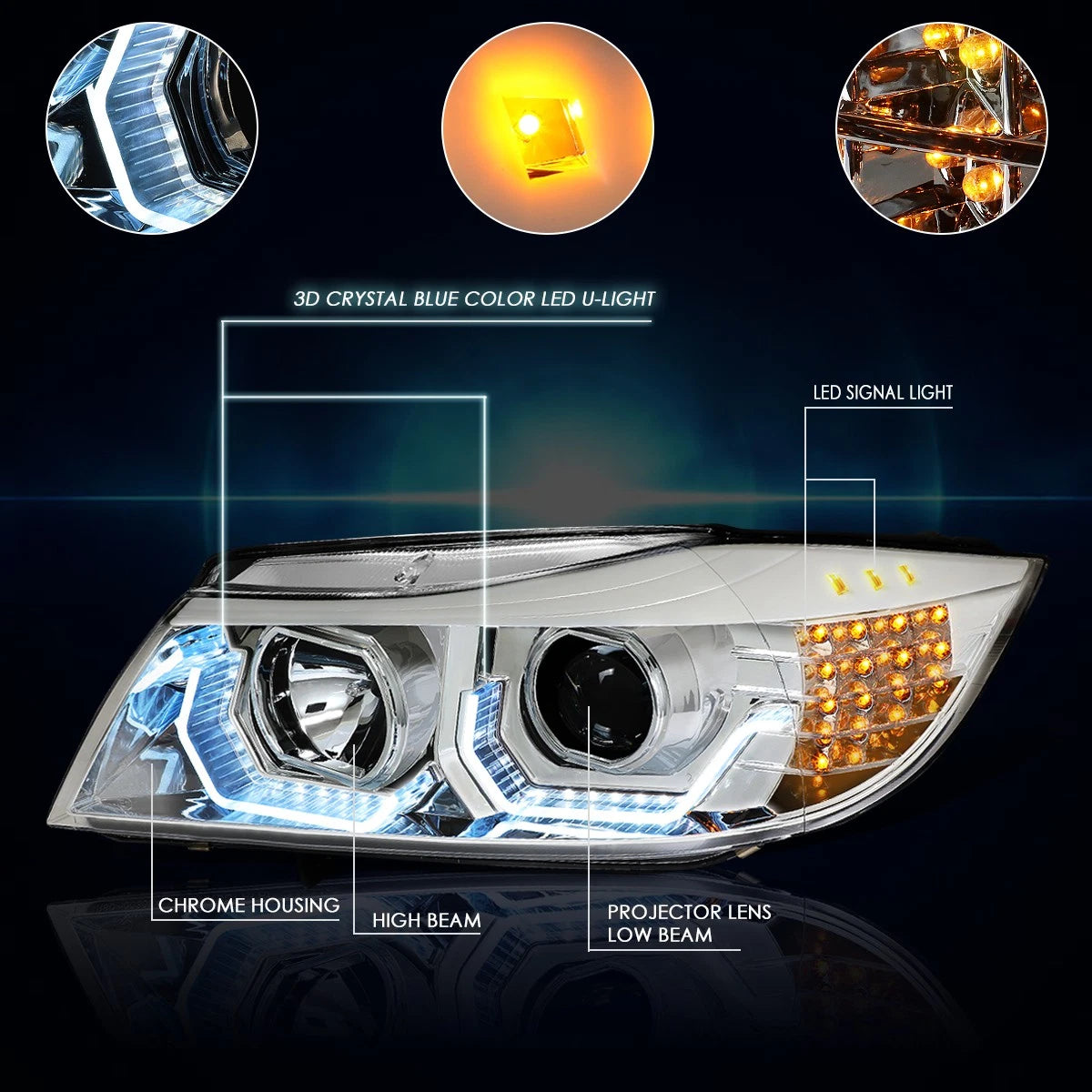 2X LED Angle Eye Projector Headlights for BMW E90 (2009–2012) Chrome Housing
