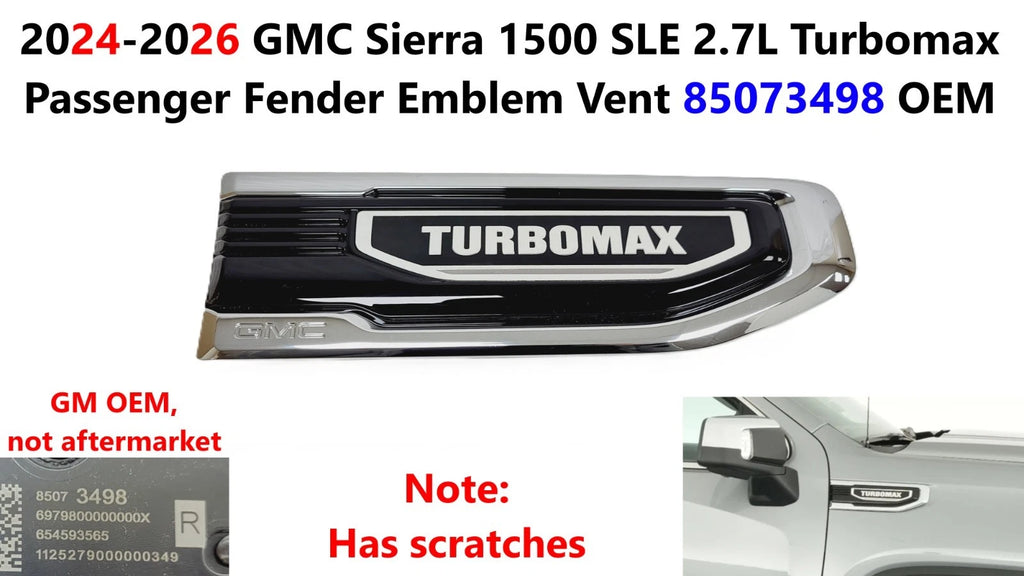 Passenger Fender Emblem Vent for GMC Sierra 1500 SLE 2024–2026 (85073498)