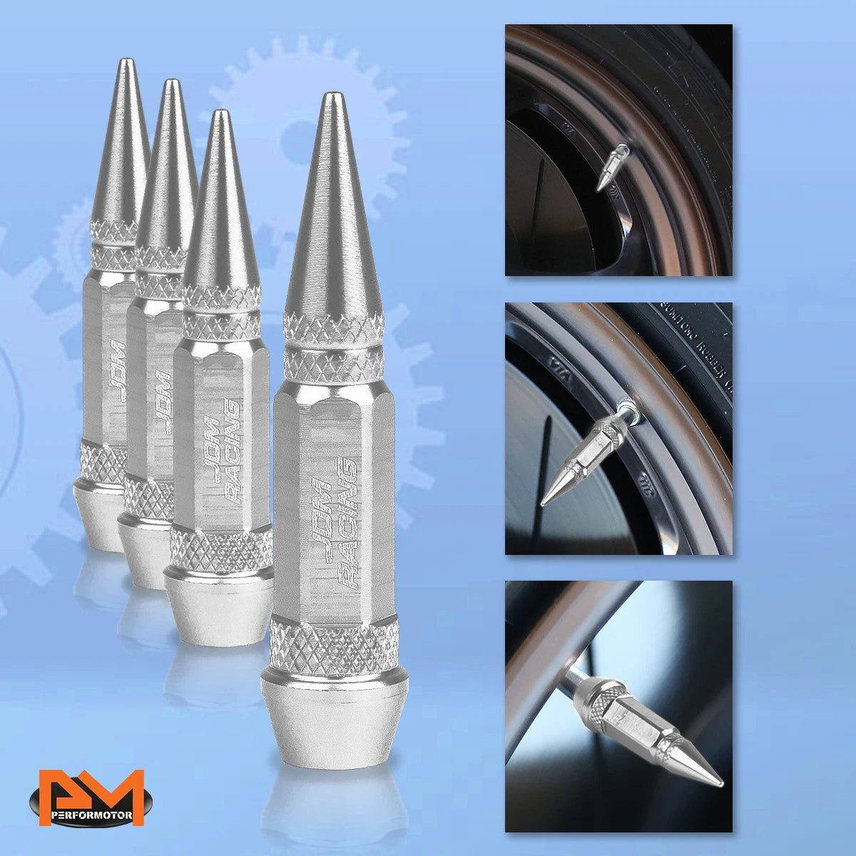 Set of 4 Silver Aluminum Spiked Tire Valve Stem Caps for Universal Fit