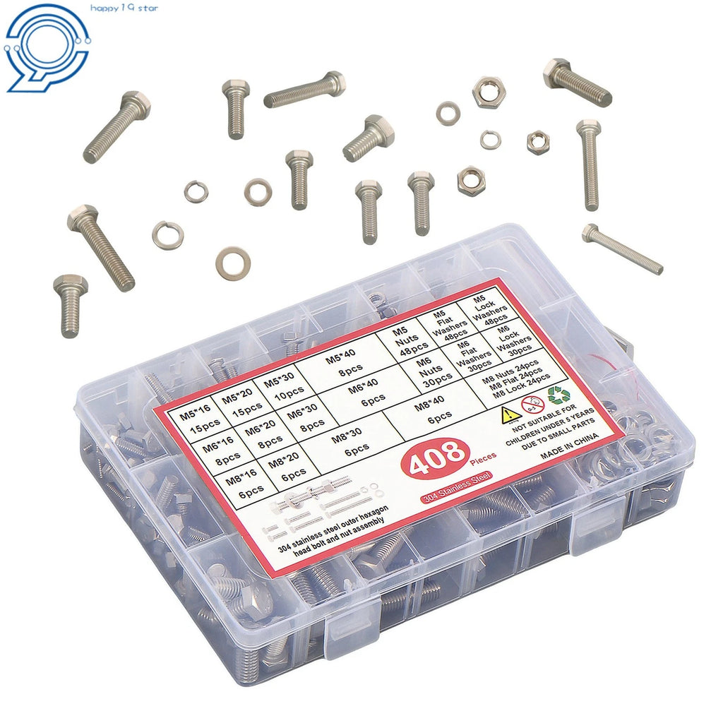 Set of 408 Bolts and Nuts Assortment Kit for Automotive Applications