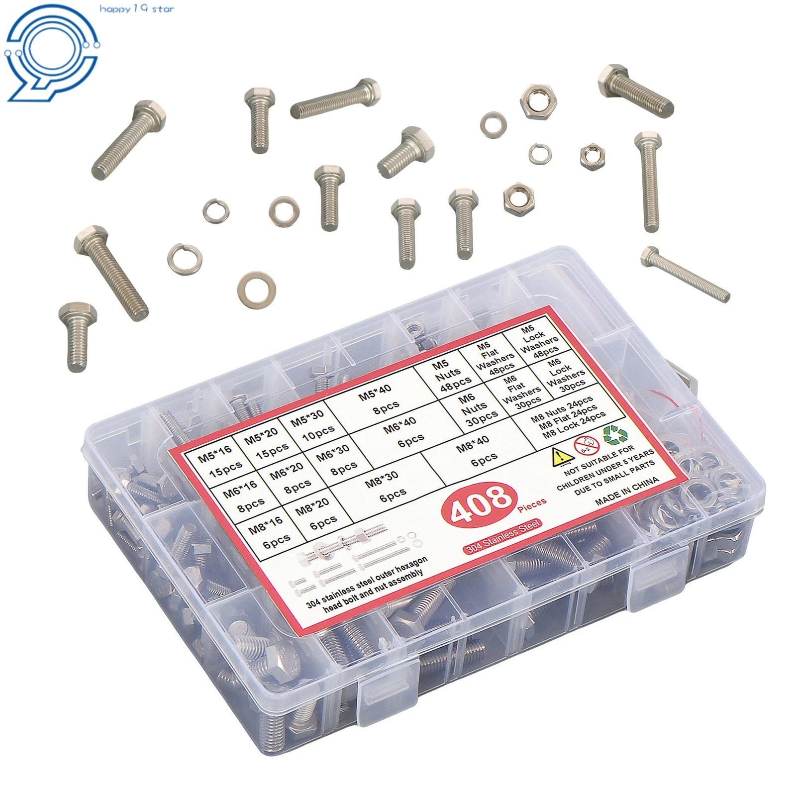 Set of 408 Bolts and Nuts Assortment Kit for Automotive Applications