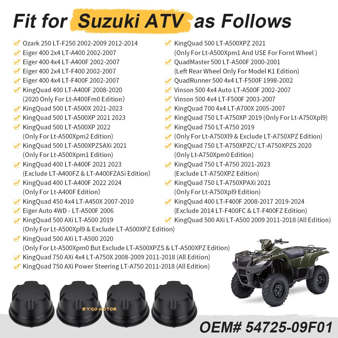 Wheel Caps for Suzuki Ozark Eiger KingQuad Vinson 250 400 500 700 750 (2002–2023)
