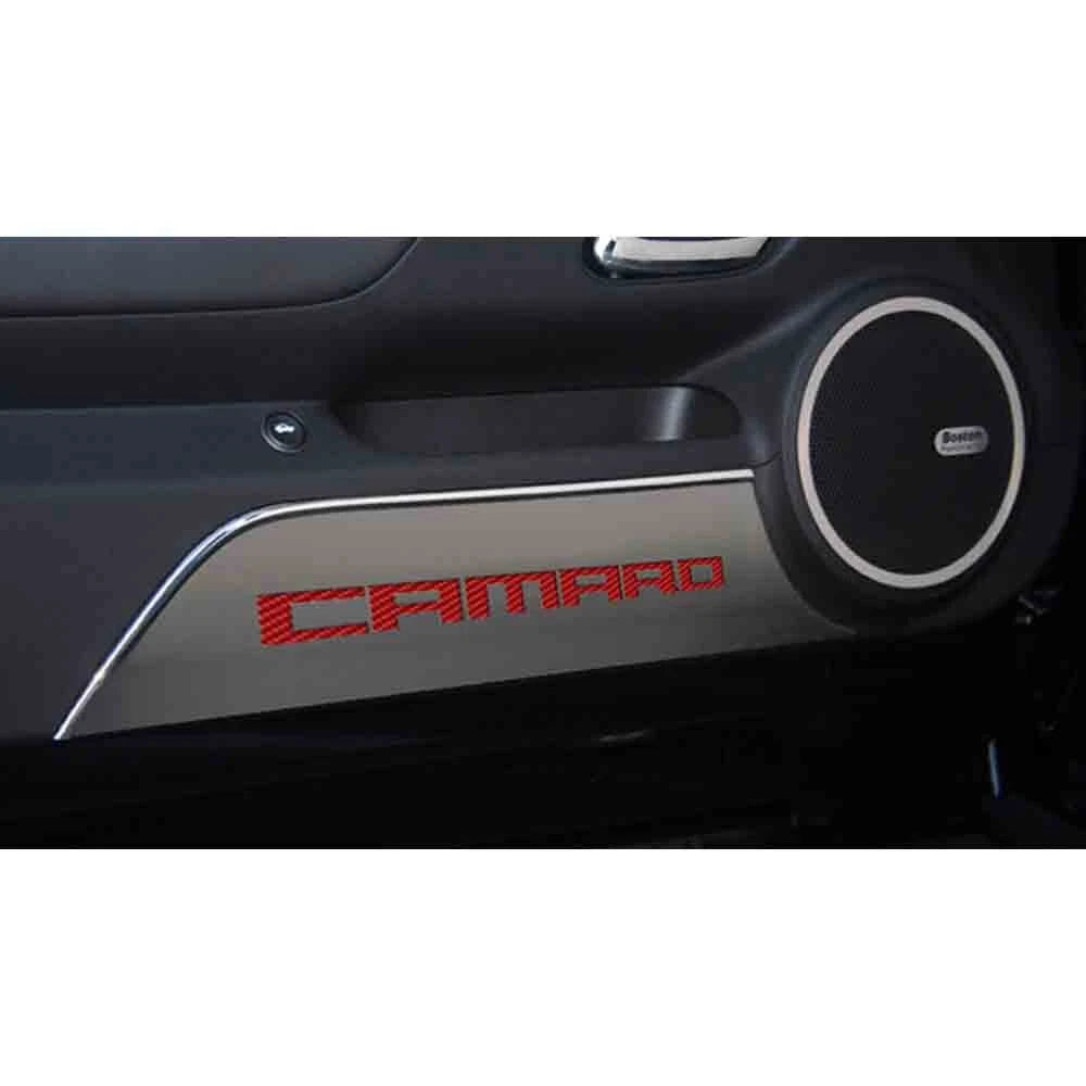 Stainless Door Panel Kick Plates w/Black Vinyl "Camaro" Inlay for 2010-15 Camaro