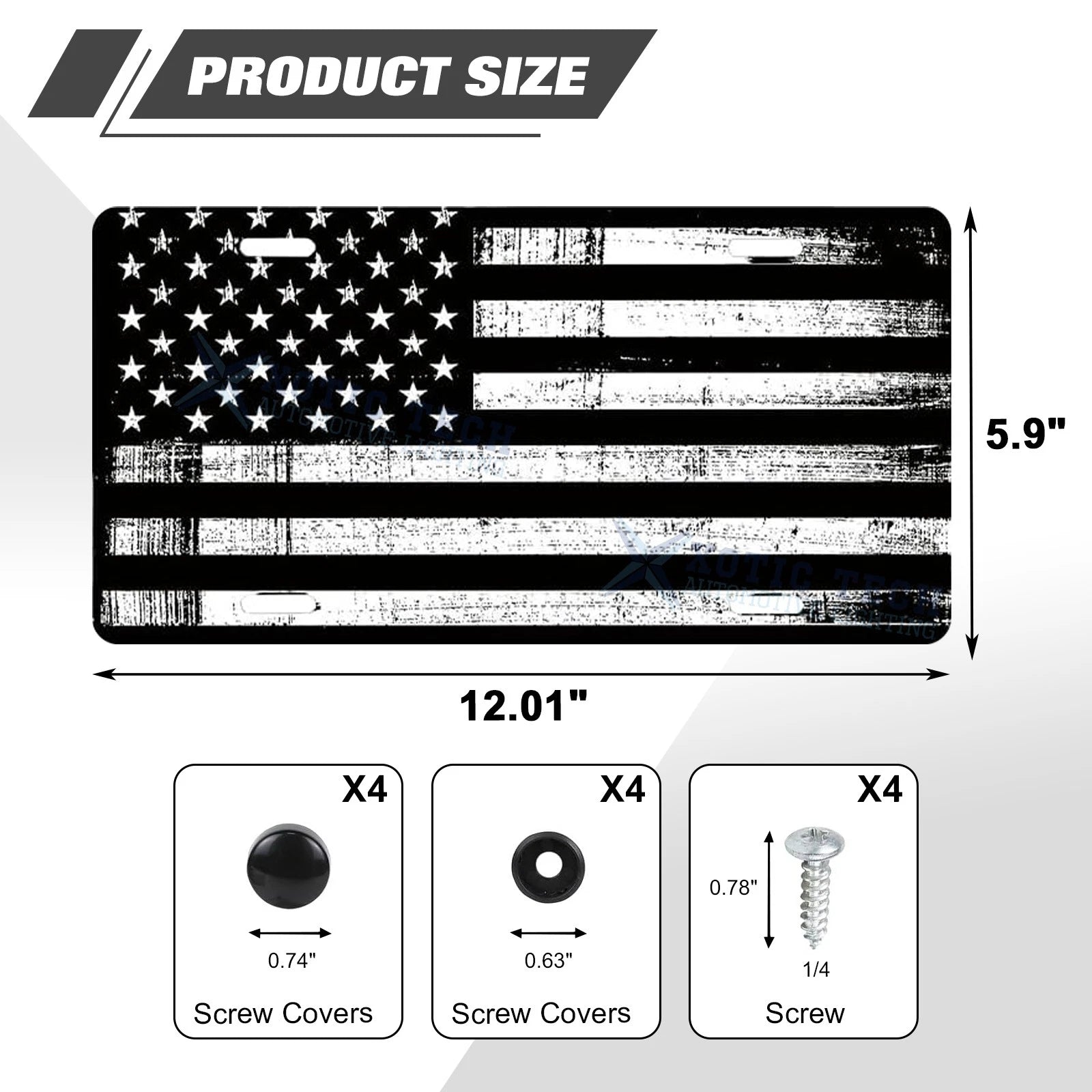 Distressed American Front Flag License Plate for Universal Fit (Black/White)