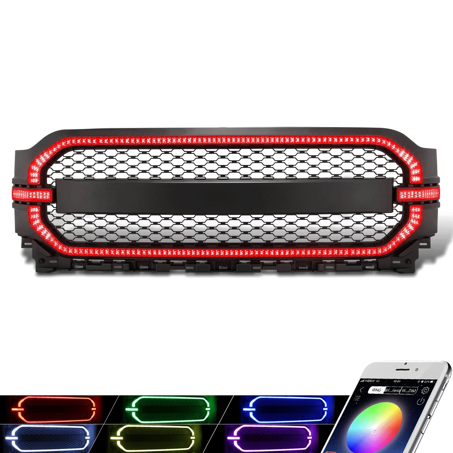 Black Badgeless Honeycomb Mesh Front Grille for F-150 (2021–2023) w/RGB LED DRL