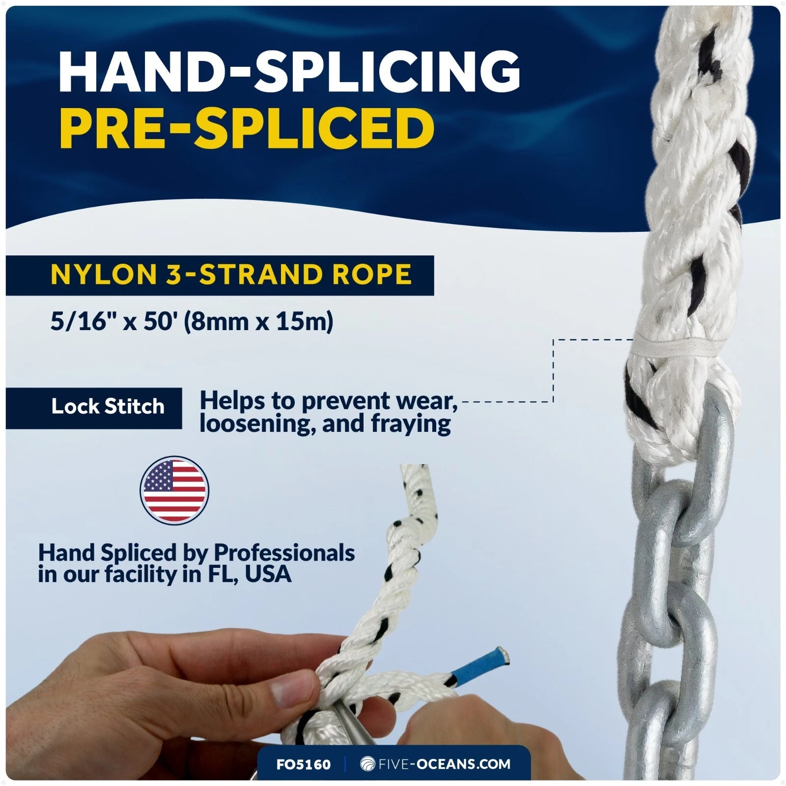 Anchor Rode 5/16" x 50' Rope with 1/4" x 2' Galvanized Chain