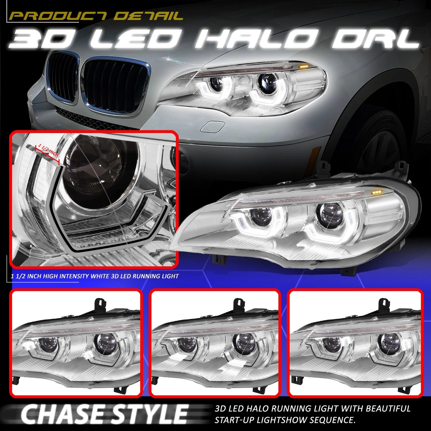LED Projector Sequential Headlights for BMW X5 (2011–2013) - Chrome Housing