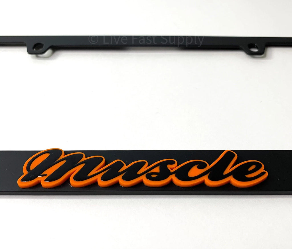 Matte Black Premium License Plate Frame with Orange Outline for Muscle Cars (—)