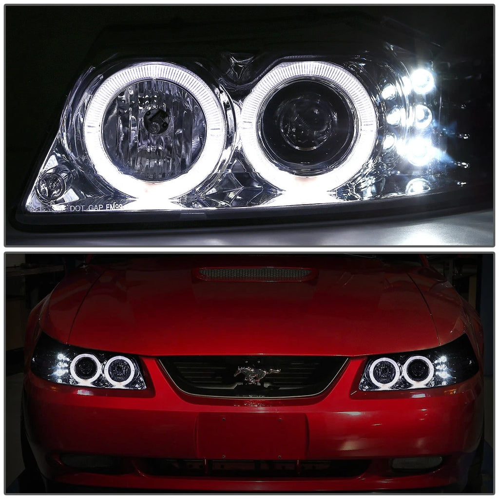 Halo Ring LED DRL Projector Headlight for Ford Mustang (1999–2004) Chrome Amber