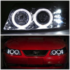 Halo Ring LED DRL Projector Headlight for Ford Mustang (1999–2004) Chrome Amber