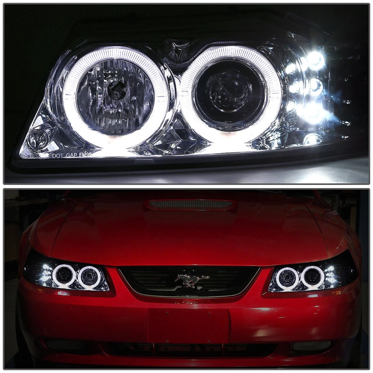 Halo Ring LED DRL Projector Headlight for Ford Mustang (1999–2004) Chrome Amber