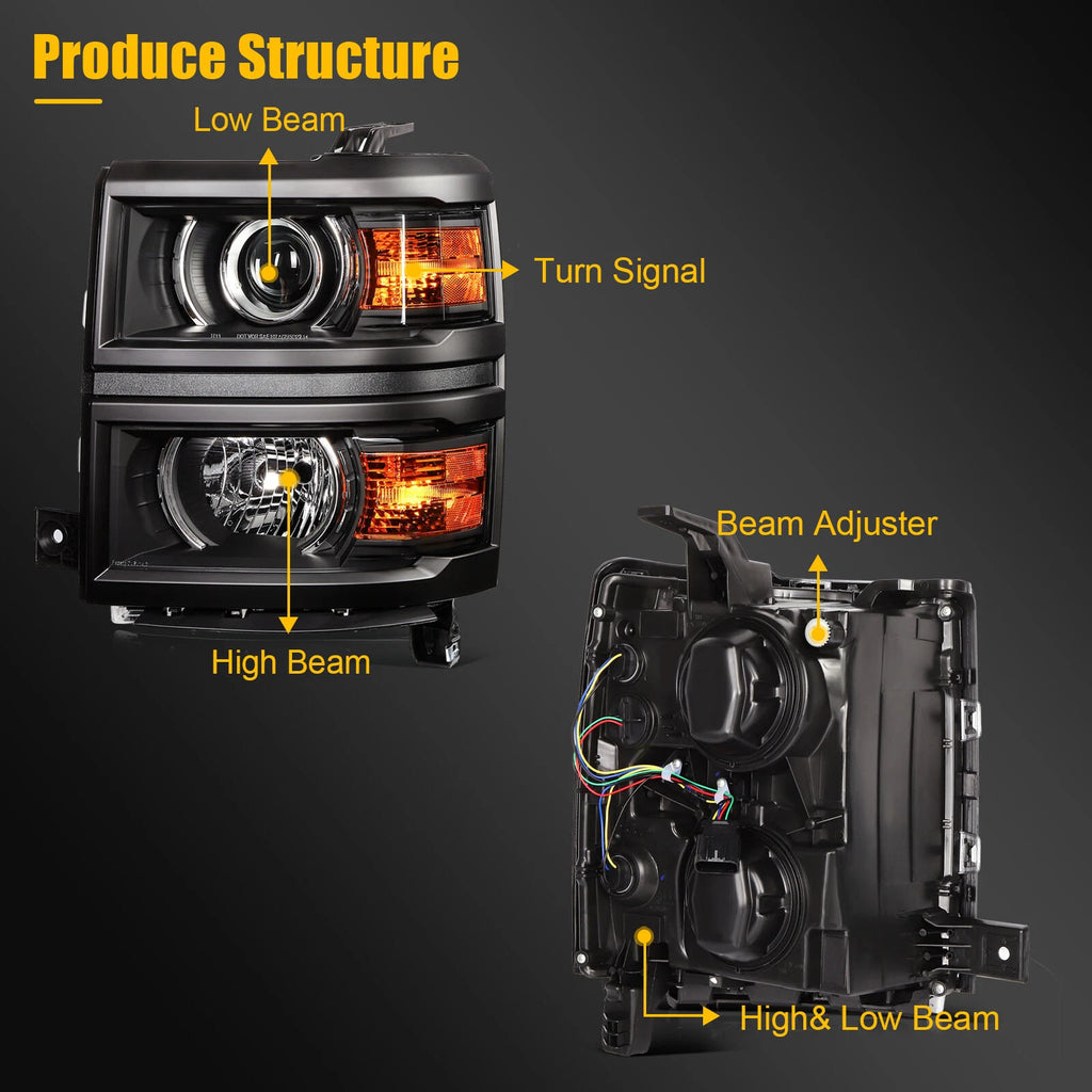 Headlight Assembly for Chevy Silverado 1500 (2014–2015) Black Housing Projector