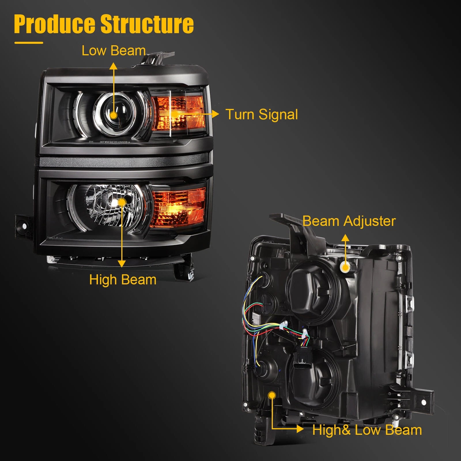 Headlight Assembly for Chevy Silverado 1500 (2014–2015) Black Housing Projector