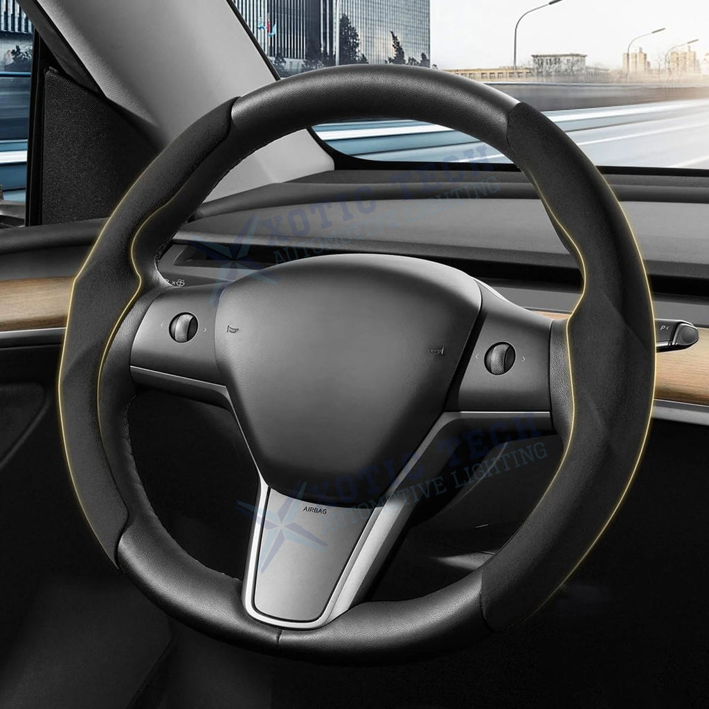 2x Black Flocking Non-Slip Steering Wheel Cover for Tesla Model 3/Y (2017–2023)
