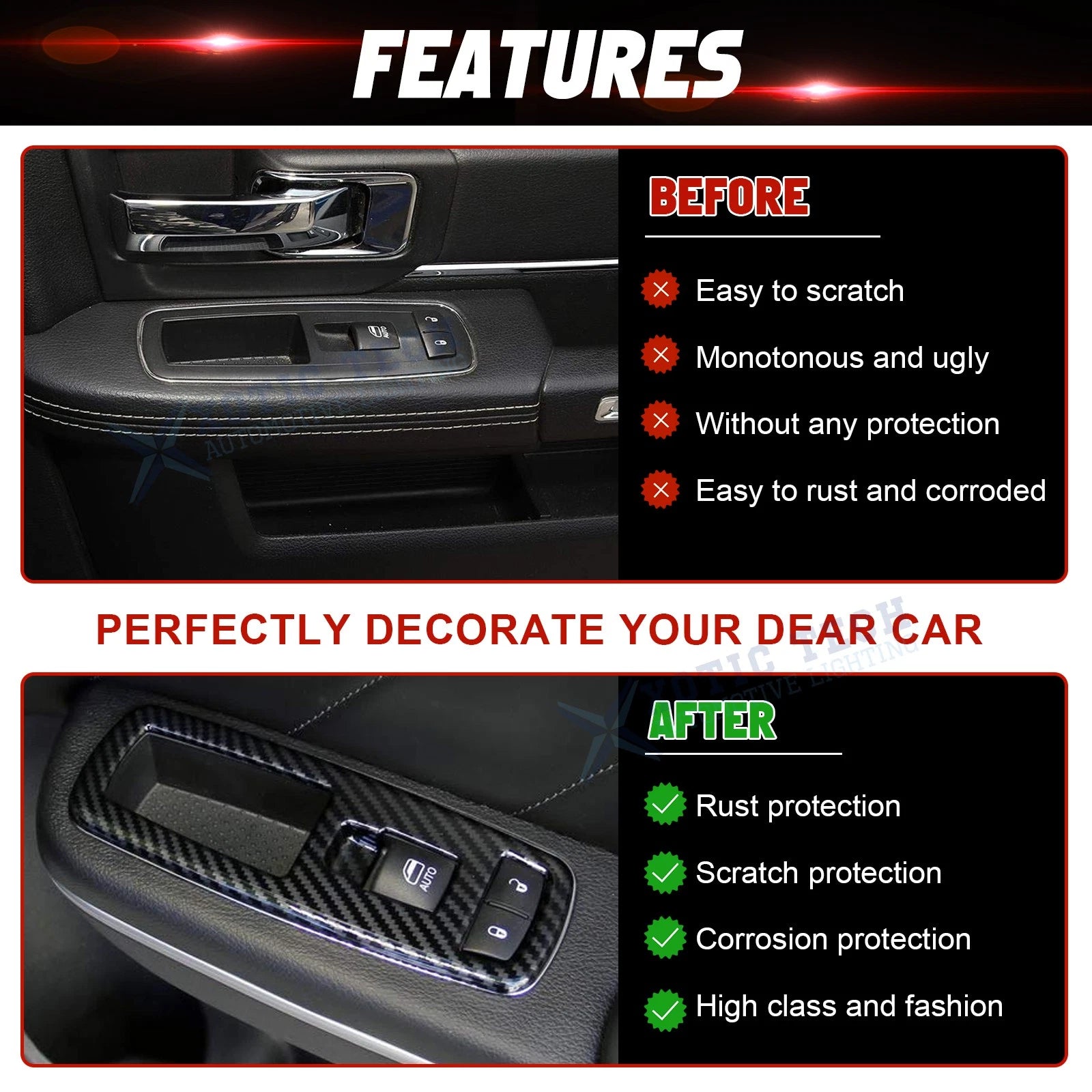 Carbon Fiber Look Window Lift Switch Cover for Dodge Charger, Durango, Ram (2014-2020)