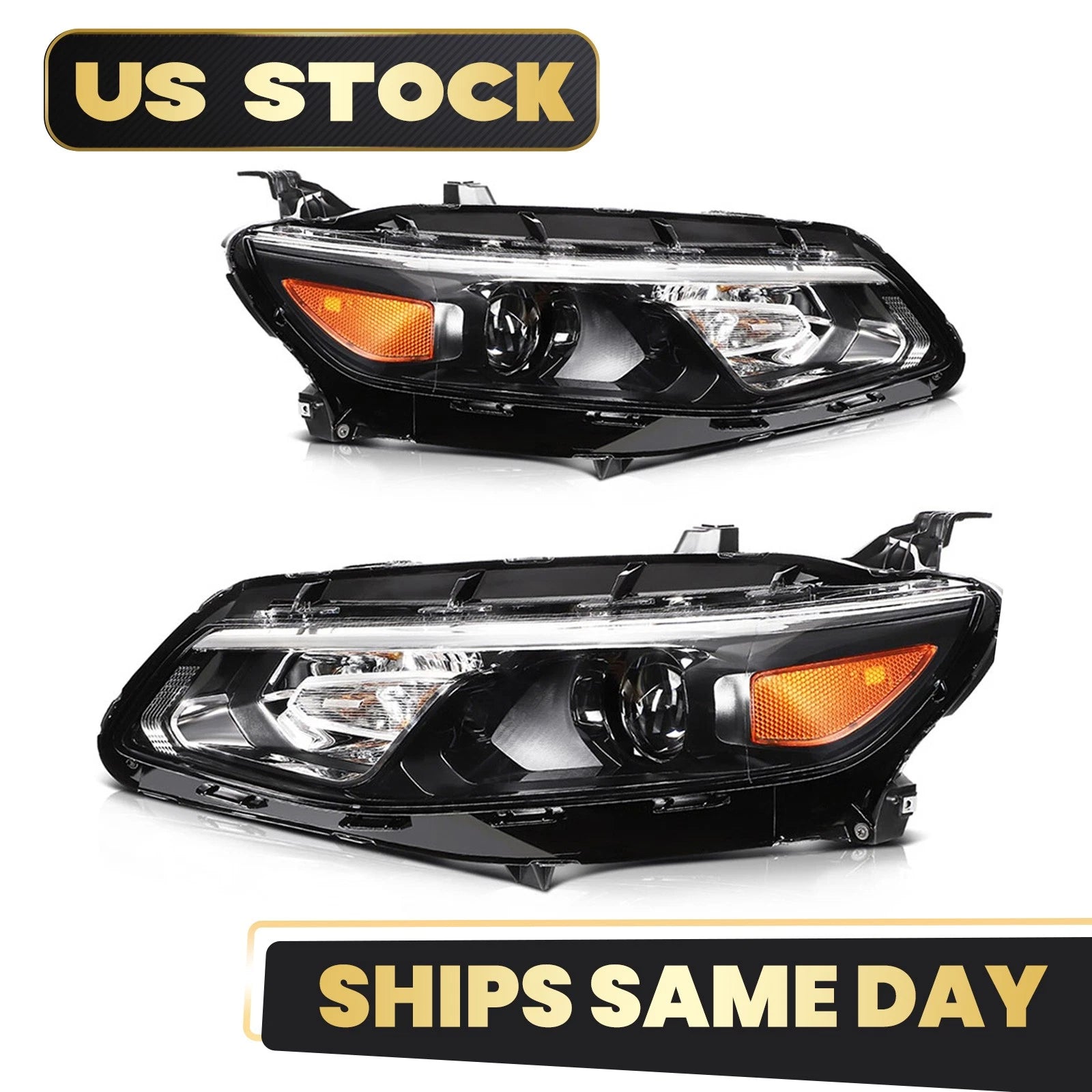 Halogen Headlight Assembly Pair for Chevy Malibu (2016–2018) LH+RH Black