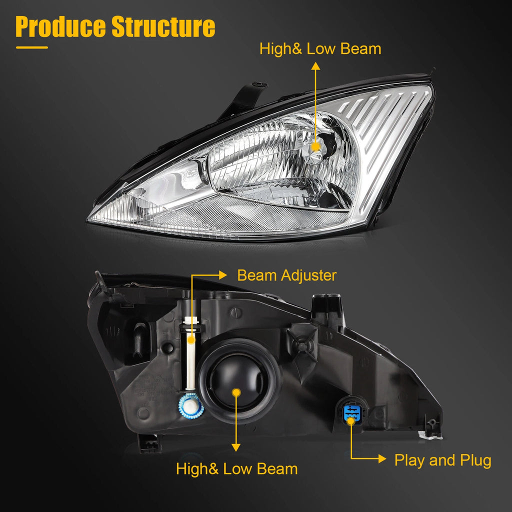 Headlight Assembly for Ford Focus (2000–2004) Chrome Housing Clear Lens L+R