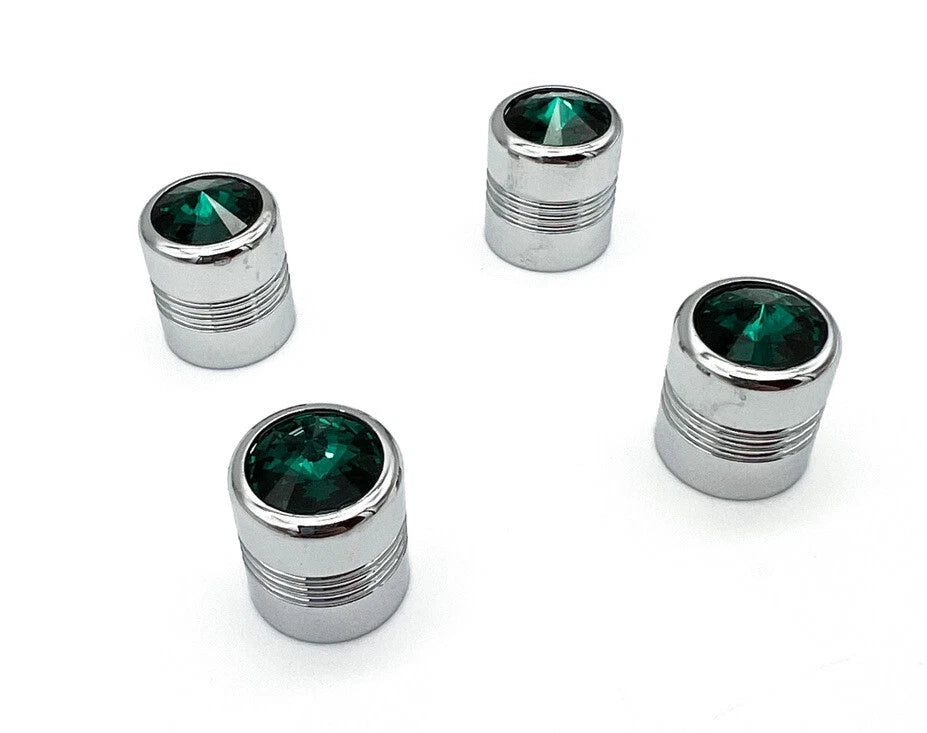 Tire Valve Stem Caps Set Chrome Green Diamond for Hot Rod Car Truck ATV