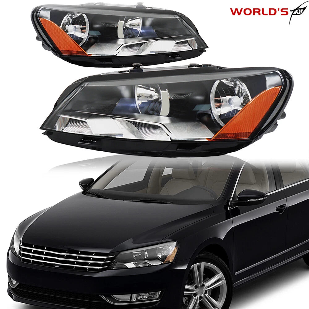 Set of 2 Halogen Headlights for Volkswagen Passat (2012–2015) Black Housing