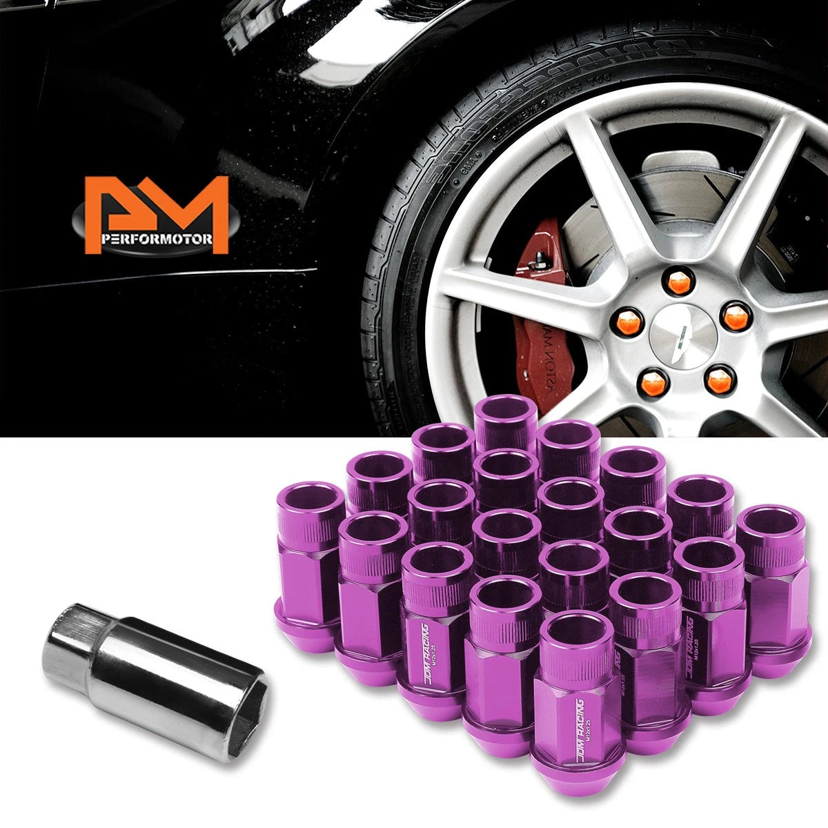 Set of 20 M12X1.25 Purple JDM Open End Bulge Hex Wheel Lug Nuts + Extension 25mm