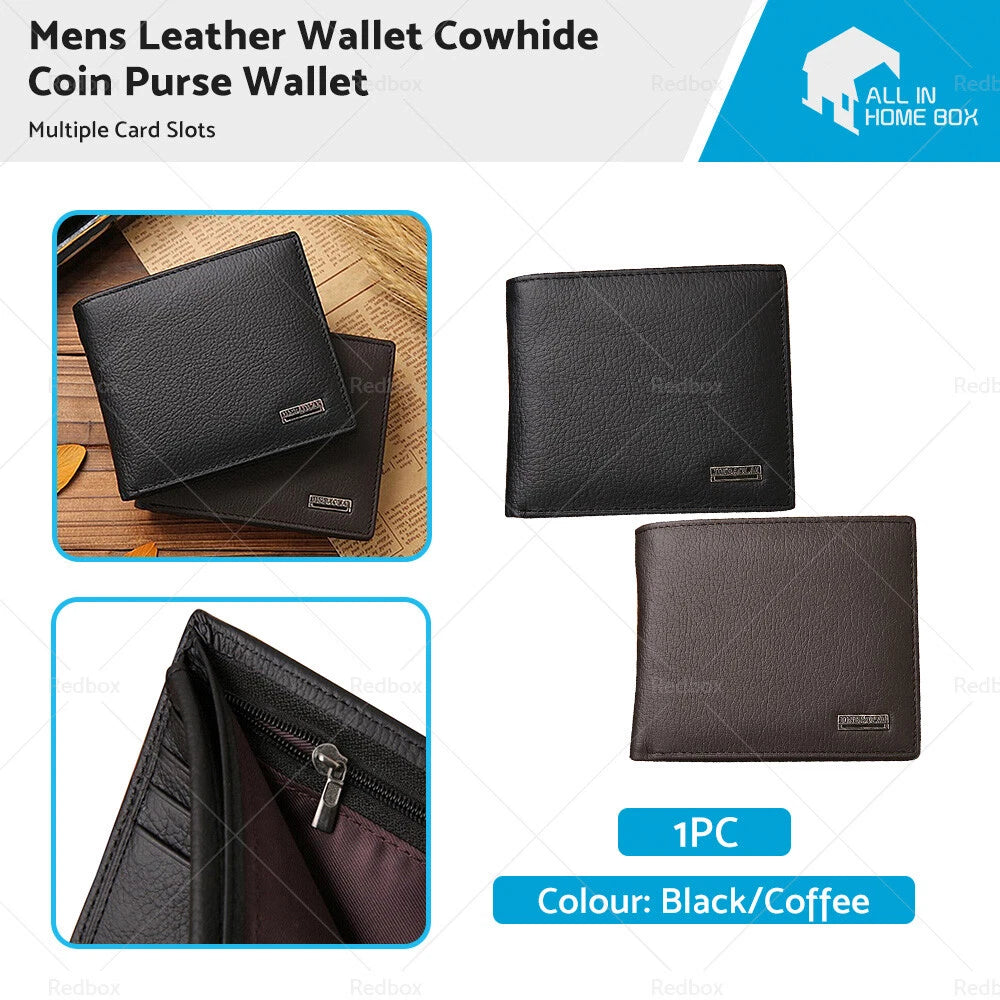 Set of 2 Cowhide Leather Wallets with Coin Purse & Card Slots