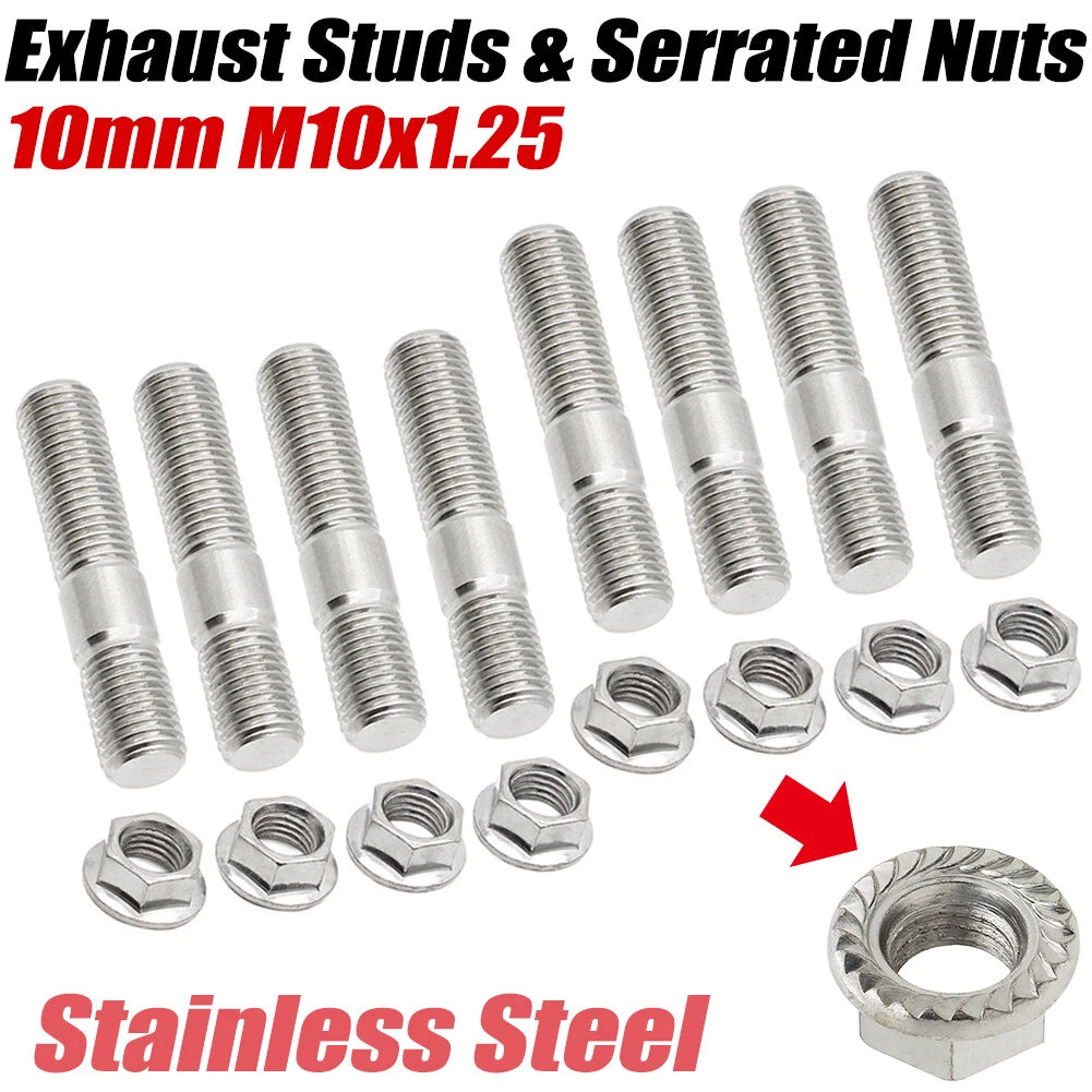 10mm M10x1.25 Exhaust Studs & Serrated Nuts for Toyota Honda Nissan