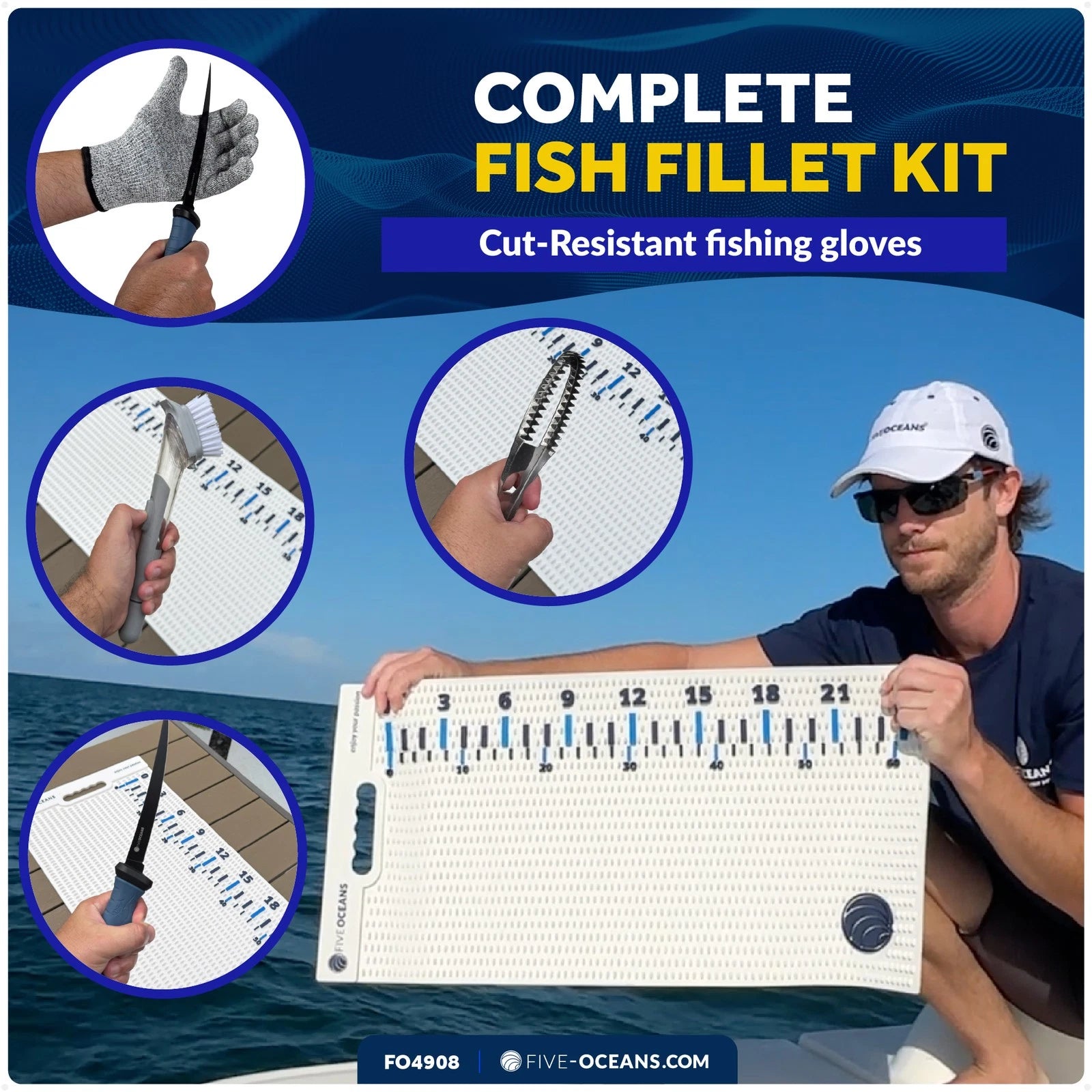 Fish Fillet Mat Kit for Universal Use (28"x14", Non-Slip, Knife, Gloves, Scaler, Brush)