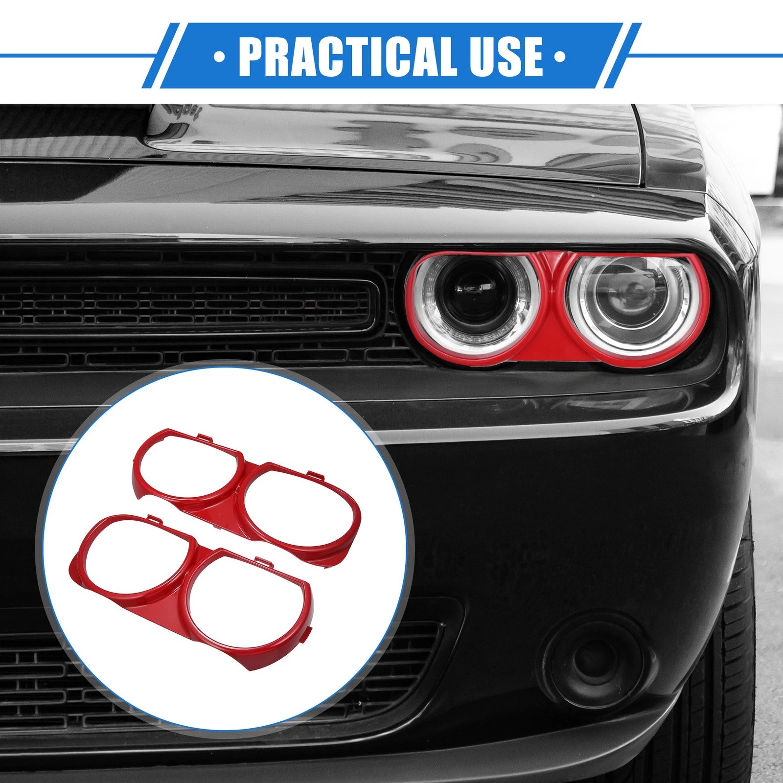1 Pair Headlight Trim Rings for Dodge Challenger (2015–2023) Red 703820285779