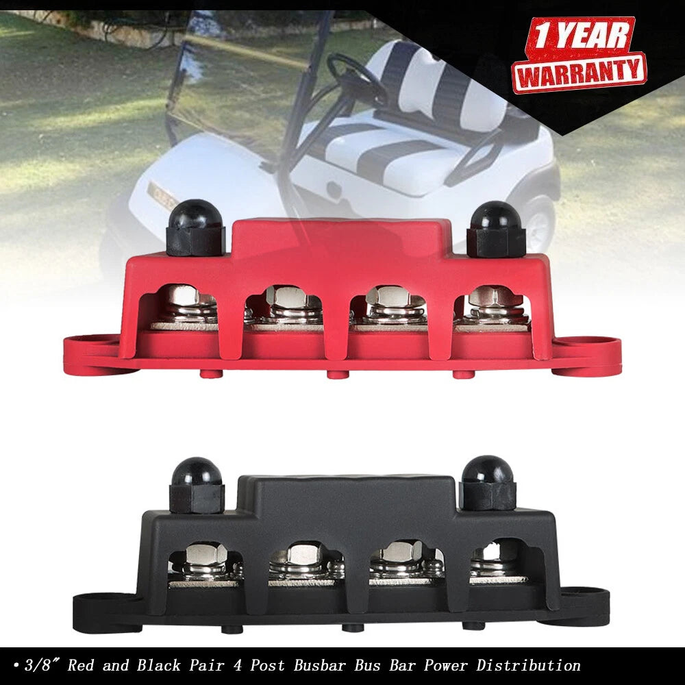 Set of 2 Red and Black 4 Post Busbars for Power Distribution 12V 250A