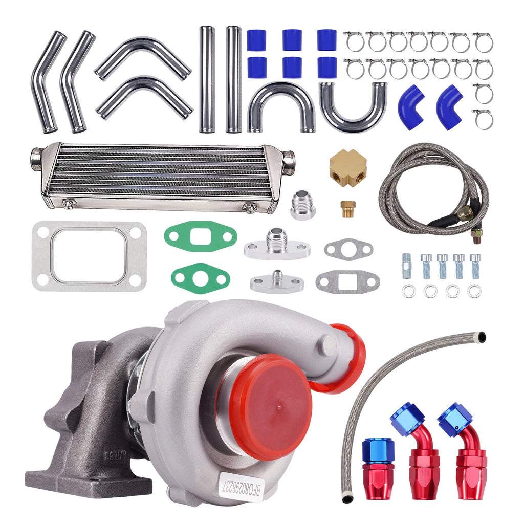 T3/T4 T04E Universal Turbo 0.63 A/R with Oil Line, Intercooler & Piping Kits