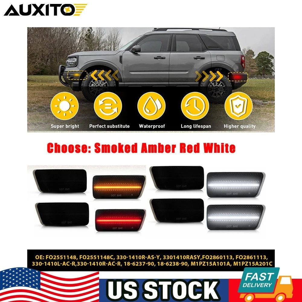 LED Front Rear Side Markers for Ford Bronco (2021–2023) - Smoked Amber Red White