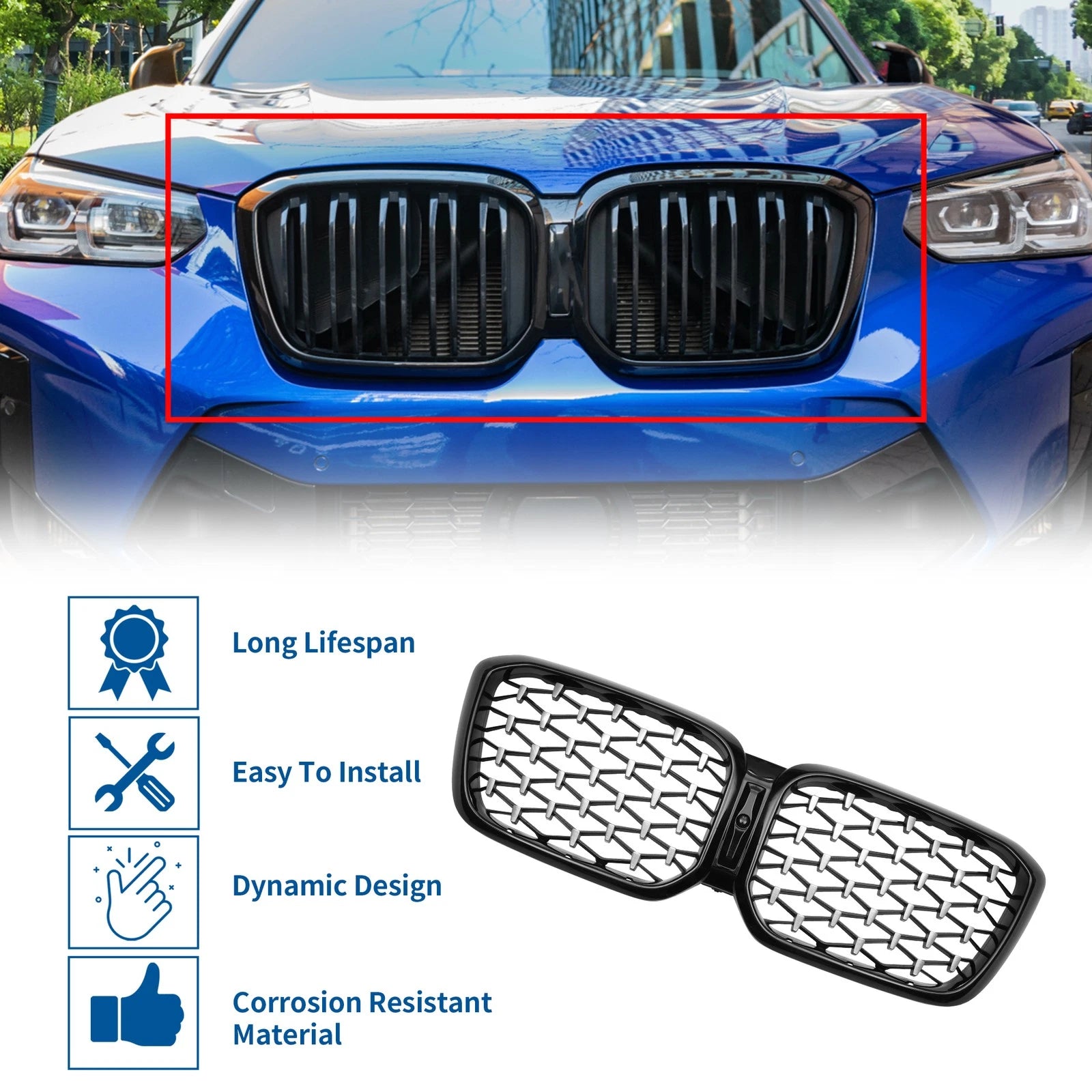 Front Upper Bumper Grille for BMW X3 G01 (2020–2023) Half Chrome Silver Tone