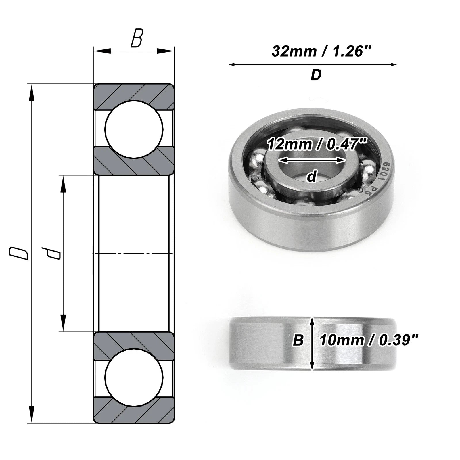 Deep Groove Ball Bearing 6201 for Scooter Skateboard Wheel (12x32x10mm)